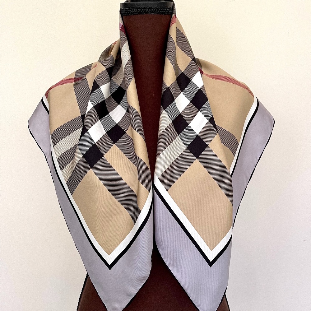 New Burberry Scarf Beige Check Gray Border Silk Wrap - Picture 2 of 13